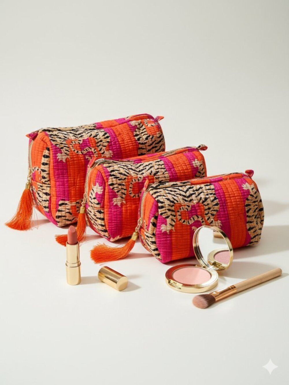 Tiger Print Cotton Toiletry Bag Set, Quilted Boho Cosmetic Travel Pouches Gifts